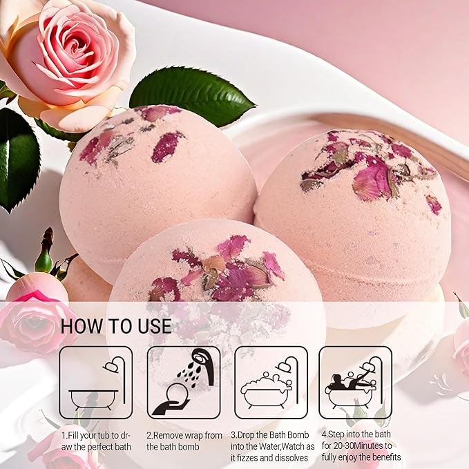 Bath Bombs for Women Spa Gift Set with 1 Rose and 1 Lemon Essential Oils Sea Salt Moisturizing Relaxing Birthday Gift for Her Bubble Bath Skincare Relaxation Aromatherapy Gifts 2 Pack