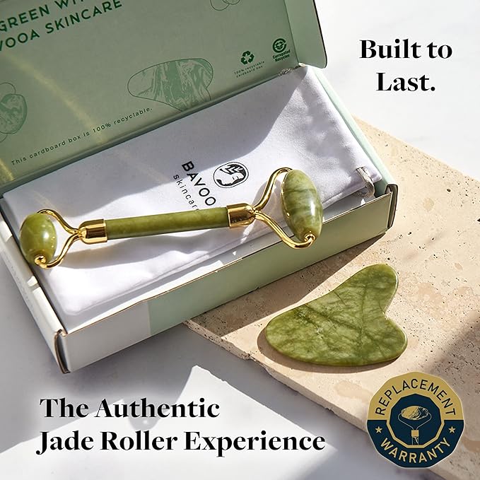 Jade Roller and Gua Sha - Spa Grade Face Roller Massager and Gua Sha Massage Tool Set. 100% Authentic Jade Stone. Reduces Puffiness, Wrinkles and Reveals Your Natural Glow