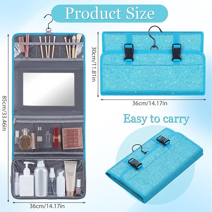 Travel Hanging Toiletry Bag with Mirror Leather Travel Hanging Mirror Foldable Dance Competition Makeup Bag Backstage Cosmetic Organizer for Traveling Dancers Spa(Glitter,Blue)