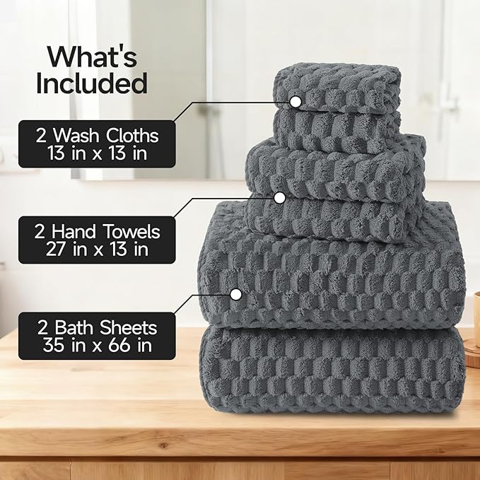 REDKISS Gray Bath Towel Sets XL - 35"x70" Extra Large Bathroom Towels of 6, Super Soft Oversized Bath Sheets for Adults, Microfiber Baths Towels Set, Luxury Shower Towel for Bathroom Hotel