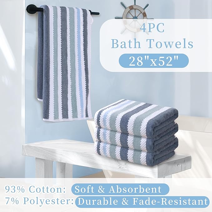 Striped Bath Towels (4PC, 28"x52") - Quick Dry | Absorb | Lightweight | 540GSM | Soft, Cotton Polyester Blend Bath Towels, Decorative Bath Towel with Hanging Loops, Blue-Grey Stripes + White Checkered