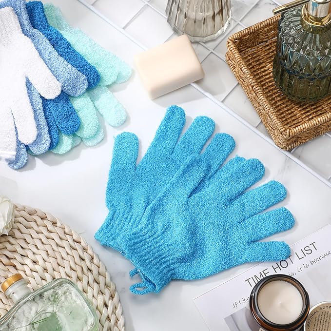 Cuffbow 90 Pcs 45 Pairs Exfoliating Double Sided Bath Gloves with Hanging Loop Colorful Body Shower Gloves for Men Women Beauty Spa Massage Clean Shower Skin Bathing Scrubber Accessories(Blue)