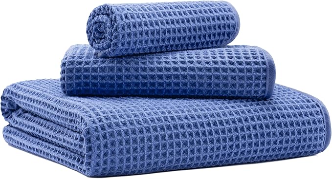 MICROFI New Microfiber Waffle Bath Towels, 3 Pieces, Oversized, Soft, Absorbent, Fast Drying, Lint Free, Includes Bath, Face and Hand Towels 430 GSM (Dark Blue)