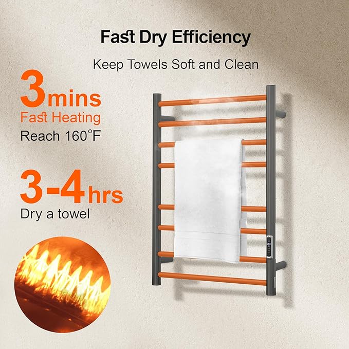 Electric Heated Towel Warmer - Wall Mounted Bathroom Towel Rack, Plug-in Design & Brushed Stainless Steel Finish 8 Bar Gunmetal with Timer & Temperature Control