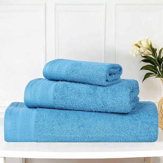 Superior Honeycomb Cotton Medium Weight Towels, for Guest Bath, Master Bathroom, Shower, Quick Dry, Adults, Home Essentials, Textured Waffle Border, Assorted Towel Set, 3 Piece Towel Set, Azure