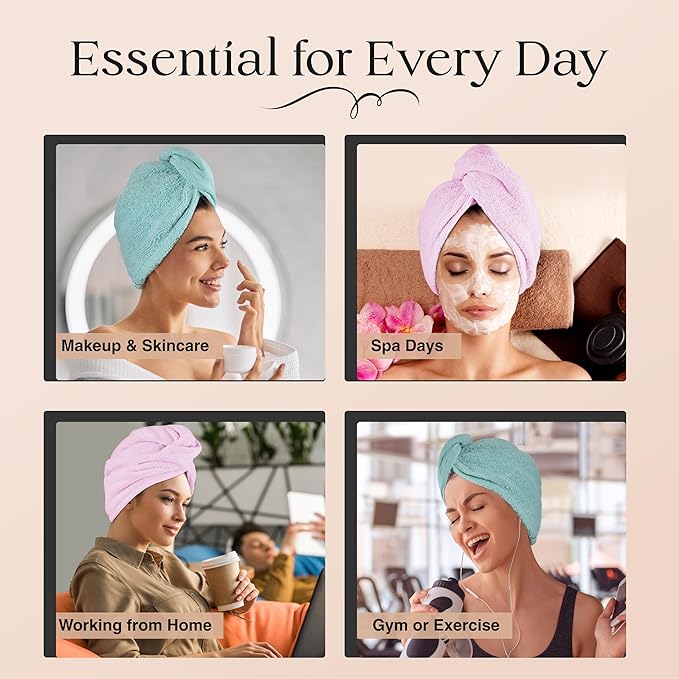 Cotton Hair Towel Wrap for Women/Kids | Quick Dry, Soft & Absorbent 420-GSM Hair Wrap Towels with Double Button | Anti Frizz, Non Microfiber Hair Turbans for Curly, Long & Thick Hair (Lilac+Aqua)