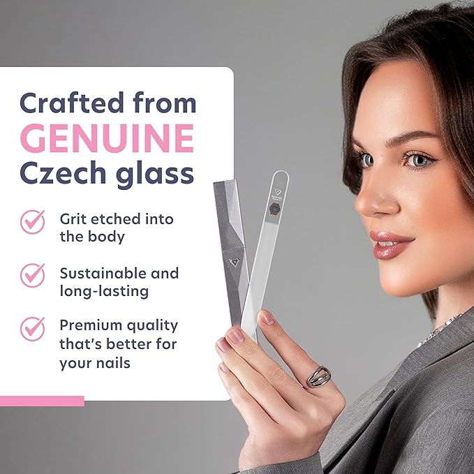 Bona Fide Beauty Czech Glass Nail Files for Natural Nails (Clear) - 1Pc Crystal Nail Filer, Nano Glass File with Case Handcrafted in the Czech Republic