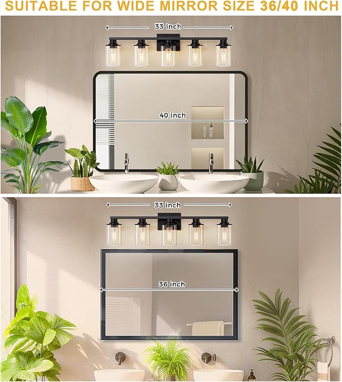 L LOHAS LED 5-Light Bathroom Light Fixtures Over Mirror, Black Bathroom Vanity Lights with Clear Glass Shade, Modern Vanity Lights for Bathroom Living Room Hallway Bedroom