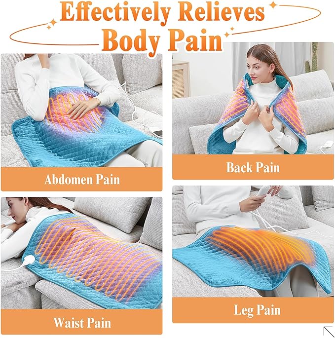 Extra Large Heating Pad for Back Pain 32"x24" King Size XL Electric Heating Pad for Period Cramps Relief & Body Neck Shoulder Auto Shut Off Heat Pad Temperature Settings Machine Washable Light Blue