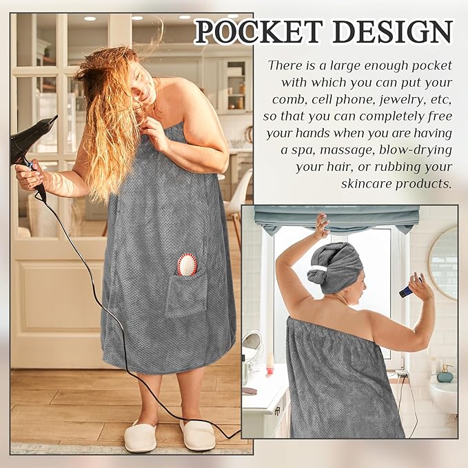 Tigeen Plus Size Towel Wrap for Women Spa Robe Set with Shower Hair Drying Turban Cap Towel Headband Adjustable Bathrobe