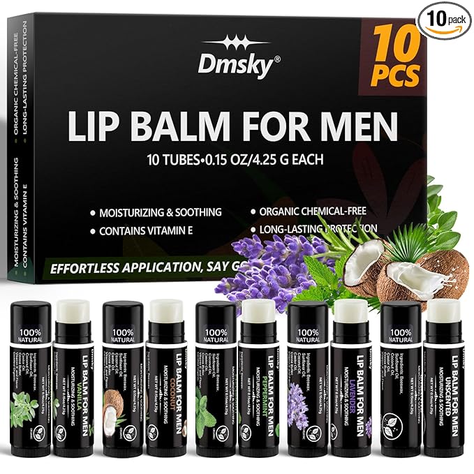 10 Pack Lip Balm for Men,Hydrating Natural Chapstick Bulk Vitamin E and Beeswax - 5 Flavors Chapstick for Men Gift,Peppermint,Coconut,Vanilla,Lavender & Unscent
