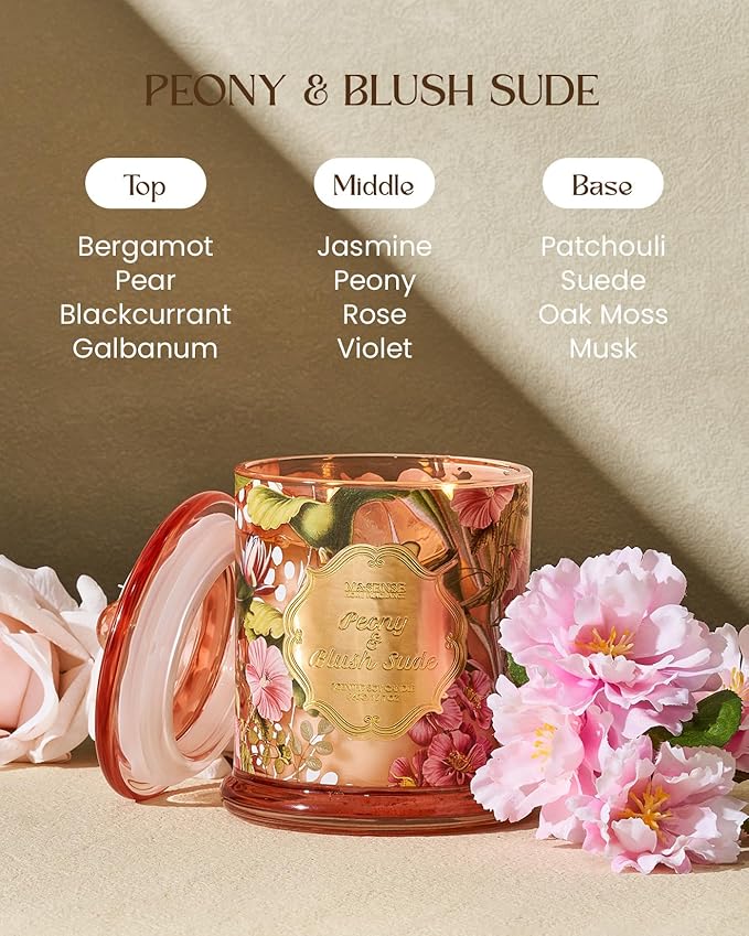 M&SENSE Peony Blush Sude Spring Floral Soy Candle, 12.7oz 75H Non-Toxic Large Jar Candle, Elegant Home Fragrance, Perfect Present for Mom Her