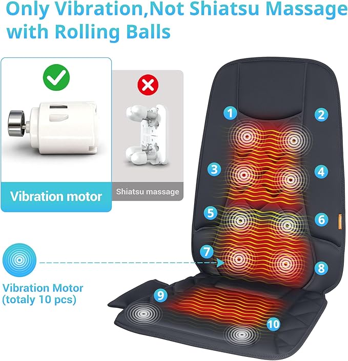 CARSHION 10 Vibration Motors, Massage Seat Cushion with Heat,Back Massager for Chair Back Massager Heated Seat Cover Massage Chair Pad for Pain Relief Home Office Use