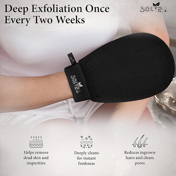 Exfoliating Gloves – 100% Vegan Viscose Kessa Mitt for Dead Skin Removal, Self-Tan Fade, and Keratosis Pilaris – Dual-Texture Glove for Spa & Massage (2 Pack, Black/Gray)