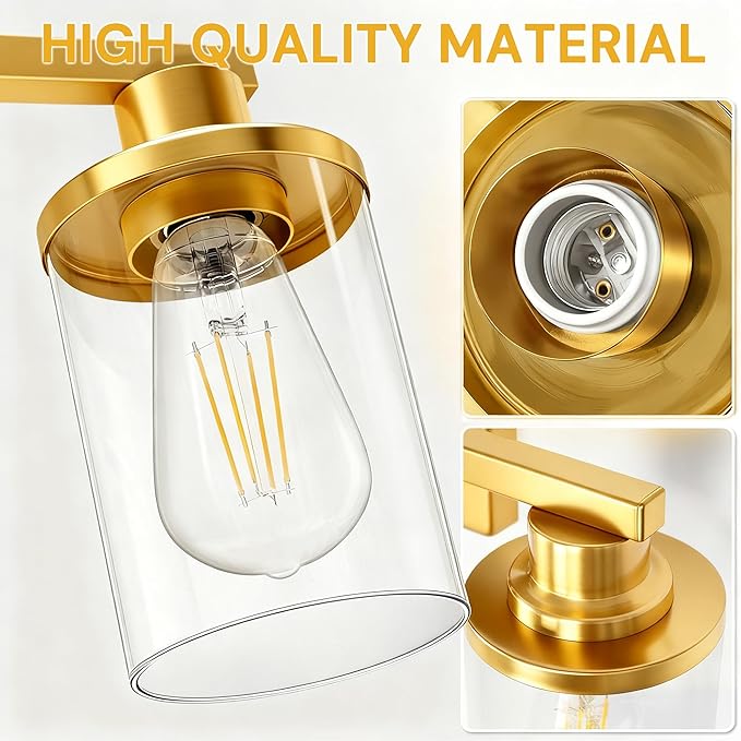 L LOHAS LED Gold Bathroom Light Fixtures with Clear Glass Shade, 4 Light Vanity Lights for Bathroom, Vanity Lights for Mirror Bedroom Hallway