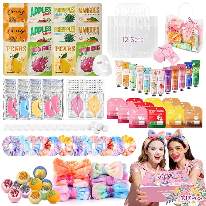 137 PCS Spa Party Supplies For Girls, Include Face Mask, Bath Bombs, Hand Cream, Eye Mask, Lip Mask, Lipstick, Hairband, Natural & Relaxing Sleepover Spa Gift Kit For 12 People, Gentle Moisturizing