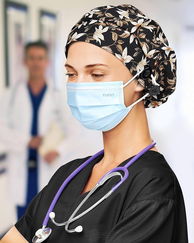2 Pack Satin Lined Bouffant Scrub Caps with Buttons, Adjustable Scrub Caps for Women Men