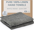 100% European Linen Hand Towels for Kitchen & Bath - Set of 2 - Waffle Weave, Highly Absorbent & Quick-Dry - 14 x 28 in - Stone Washed Flax