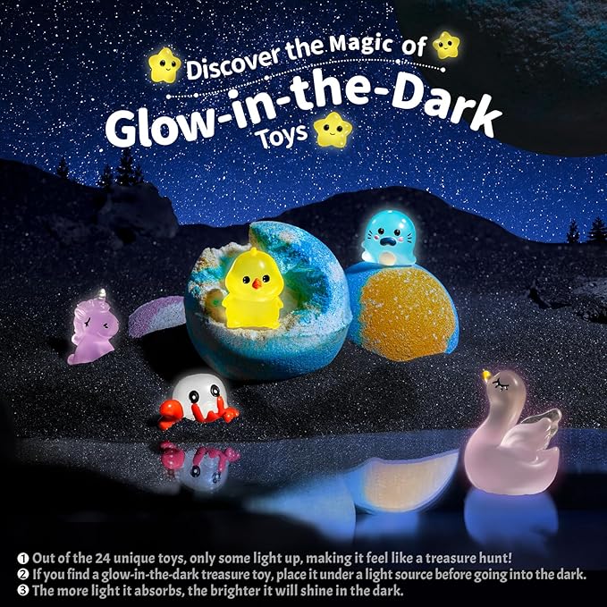 Bath Bombs for Kids with Surprise Inside – 24 Pack Handmade Bath Bombs with Glow-in-the-Dark Land & Sea Toys, Fizzy Bath Salt Balls, Birthday Party Favors for Boys and Girls