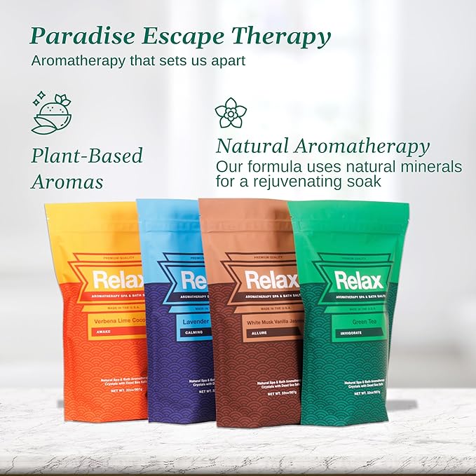 Relax Spa & Bath Aromatherapy Variety Pack Bath Salts for Hot Tub, Bath, or Spa, Four 2LB Bags Infused with Magnesium, Bath Salt for Soaking, Escape Line Scent