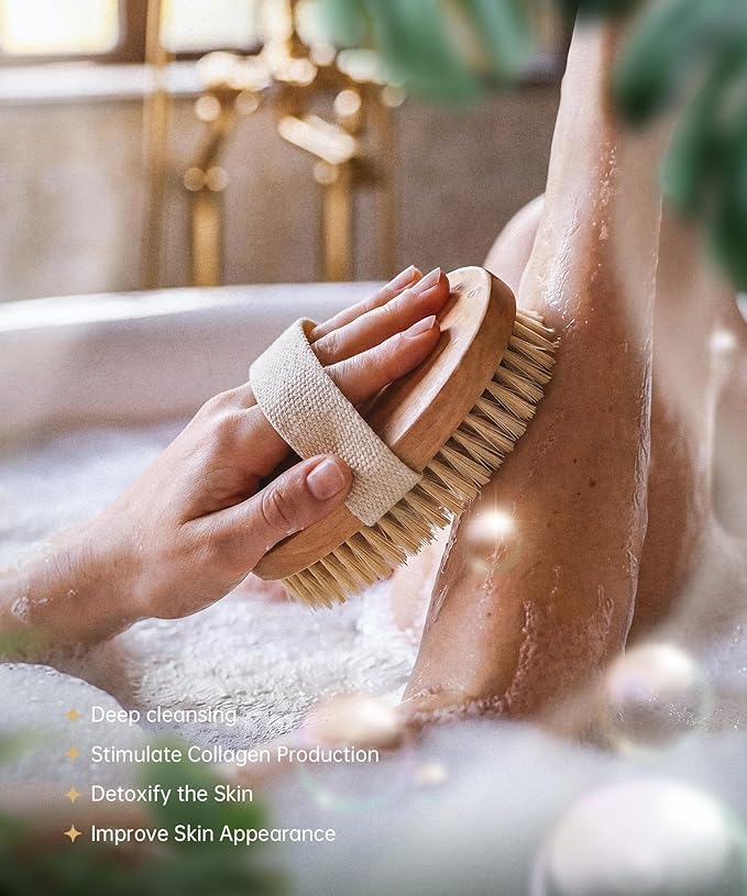 POPCHOSE Dry Brushing Body Brush, Natural Bristle Dry Skin Exfoliating Brush Body Scrub for Flawless Skin, Cellulite Reduction, Lymphatic Drainage and Blood Circulation Improvement