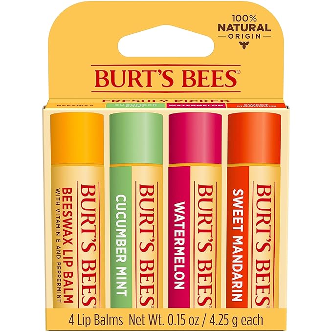 Burt's Bees Lip Balm - Original Beeswax, Cucumber Mint, Watermelon & Sweet Mandarin, With Responsibly Sourced Beeswax, Tint-Free, Natural Origin Treatment, 4 Tubes, 0.15 oz. (Pack of 12)