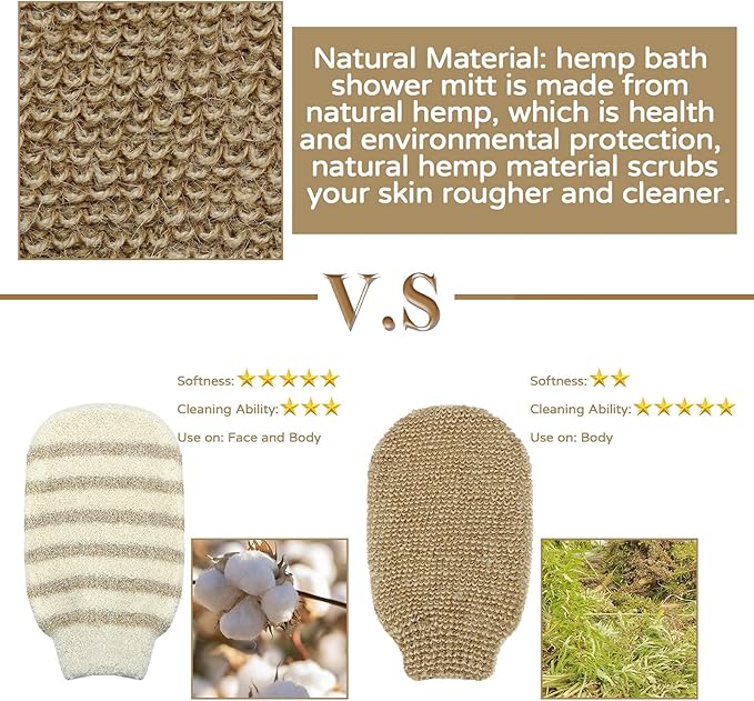 4 Pieces Bath Mitt Loofah Shower Gloves Natural Exfoliating Hemp Scrubbing Mitt Bath Sponge Shower for Women Men Scrubber Machine Washable Double Sided Available