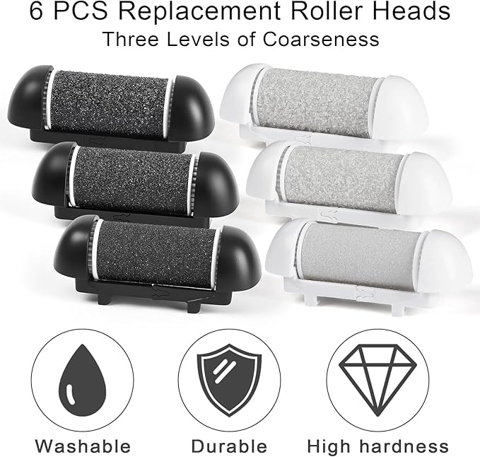 6pcs Replacement Roller Refill Heads for Electric Callus Remover,Feet Pedicure Kit Refill Rollers, 2 Extra Coarse, 2 Regular Coarse, 2 Fine Coarse Refill Rollers (Black and White)