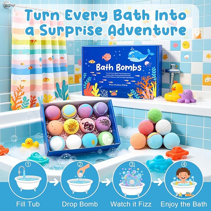 12 PCS Natural Bath Bombs with Toys Inside, Upgrade Fizzy Bubble Bath Gift Set with 12 Different Fragrances, Ocean Theme Bath Fizzies, Natural Sea Salt Color Changing Spa Easter Bath Balls