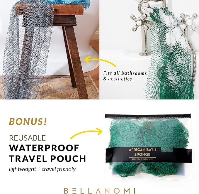 BELLANOMI African Exfoliating Net Sponge, Authentic African Bath Sponge, Ethically sourced from Nigeria, 45 inches Long, Back Scrubber for Daily use (Lilac)