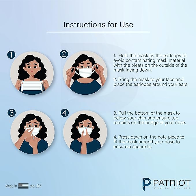 Patriot Medical Devices Disposable Face Mask | Made in the USA Soft, Hypoallergenic, Hydrophobic Material | 50 Count