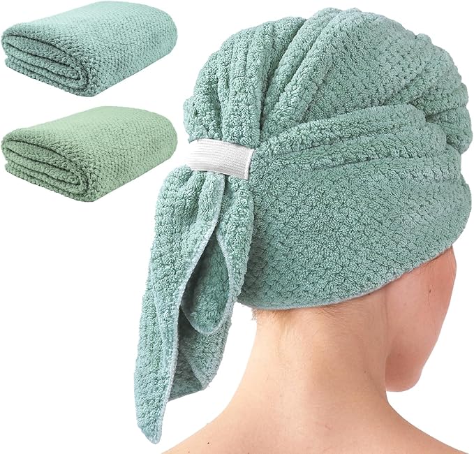 my novel things 2 Pack Extra Large Microfiber Hair Towel Wrap, 37.4" x 26.4" for Women, Super Absorbent & Quick Dry Hair Towel with Elastic Strap for Curly Hair Green Gift for Women Men Girls Friends