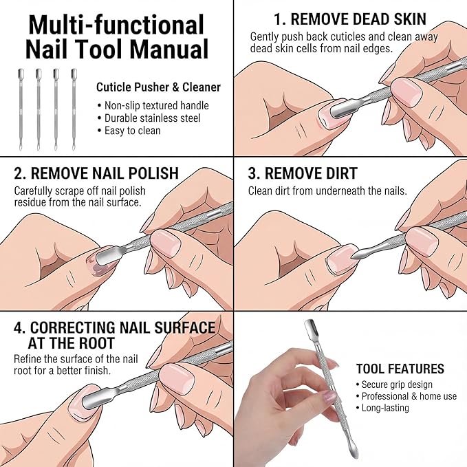 6 Pcs Dual-Sided Cuticle Pusher Set, Stainless Steel Cuticle Pusher Tool, Cuticles Trimmer, Nail Scraper, Professional Cuticles Remover Tool for Manicure Pedicure Nail Care Tools