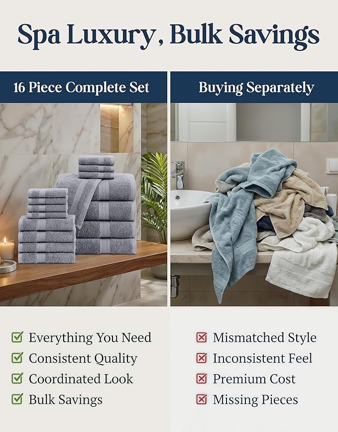 LANE LINEN 100% Cotton Towels Set for Bathroom - 16 Piece Family Pack - Soft, Absorbent & Quick Dry - 4 Bath, 8 Washcloths, 4 Hand Towels - OEKO TEX Certified, Machine Washable & Durable - Cool Grey
