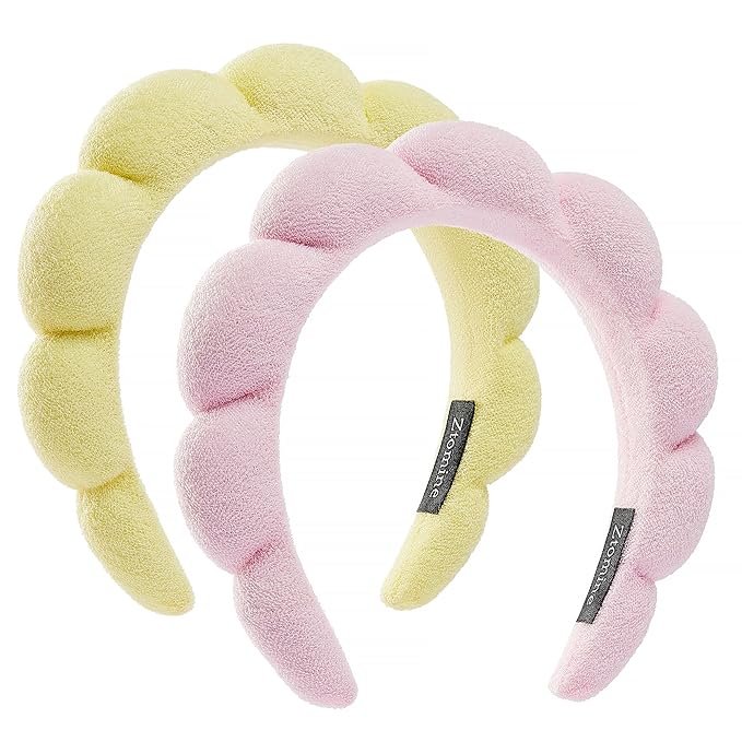 Ztomine Spa Terry Cloth Headbands for Face Washing - Set of 2 Puffy Makeup Headbands, Mask (Pink + Light Yellow)