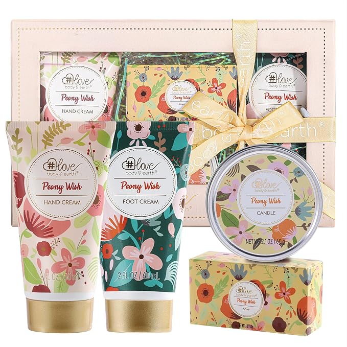 BODY & EARTH # LOVE Hand Cream Gifts Set for Women,Mothers Day Gifts Set for Mom,Skin Care Set with Hand Cream Foot Cream,Soap,Scented Candle,Teacher Appreciation Gifts Nurses,Birthday Gift for Women
