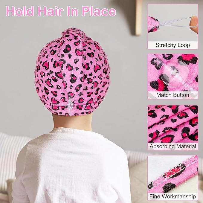 Basumee Microfiber Hair Towel Wrap for Kids 2 Pack Rapid Drying Hair Towel with Button Hair Turbans for Wet Hair Wraps Head Towel Wrap for Women and Girls