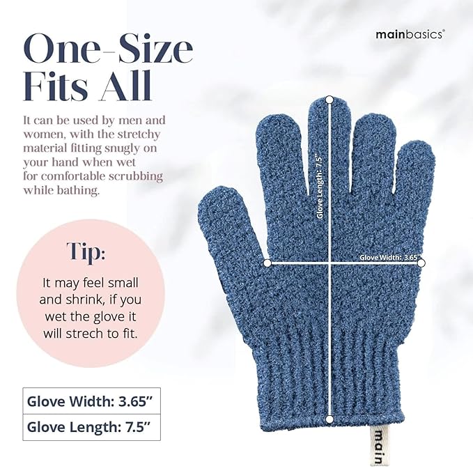 MainBasics Deep Exfoliating Bath Gloves - Heavy-Textured Nylon Shower Scrub for Dead Skin Removal - Machine Washable (1 Pair, Pigeon Blue)