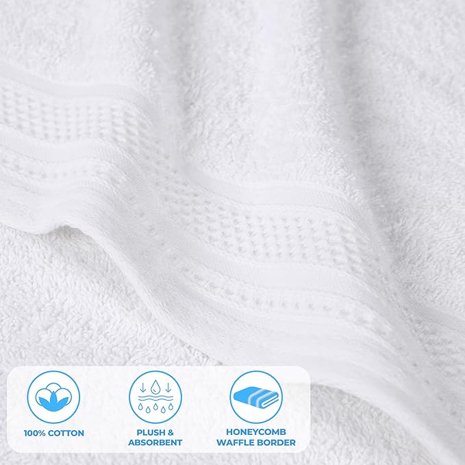 Superior Honeycomb 100% Cotton 500 GSM 12 Piece Bath Towel Set, 6 Washcloths, 4 Hand, 2 Bath Towels, Ideal for Bathroom, Kitchen or Beach, Quick Dry, Jacquard and Solid, Mid-Weight, White