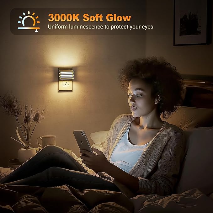 JandCase LED Night Light, Silver Night Lights Plug into Wall with Dusk to Dawn Sensor, Dimmable Plug in Night Light [2 Pack], Adjustable Brightness, 3000K Soft White Nightlight for Bedroom Bathroom