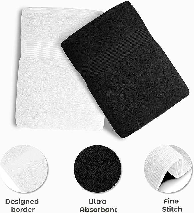 Softolle Luxury Bath Towels Set of 4 (27” x 54”) | Towels for Bathroom | Super Soft | Highly Absorbent Towels for Home, Spa, Gym (Black-White)