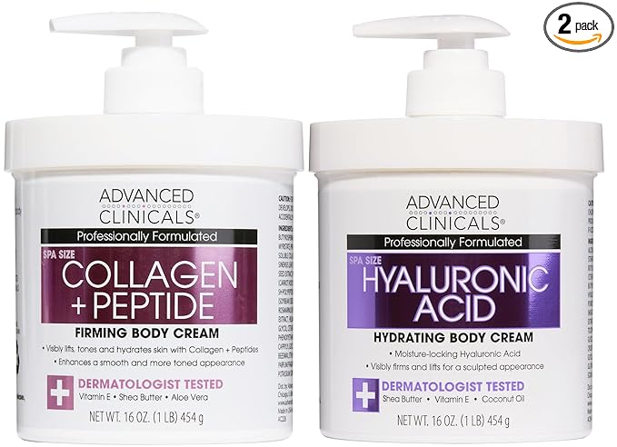 Advanced Clinicals Collagen Peptides Body Lotion + Hyaluronic Acid Moisturizer 2PC Skincare Set For Women & Men | Dry Skin Moisturizing Body Cream Helps Diminish Appearance Of Crepey Skin, 2PC Bundle