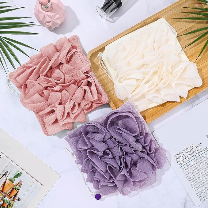 6 Pcs Washcloth Loofah Combo, 2 in 1 Bath Loofah Sponge with Drawstring, Exfoliation Mesh Shower Puff Ball for Body Wash Cleansing and Smooth Skin (Light Color)