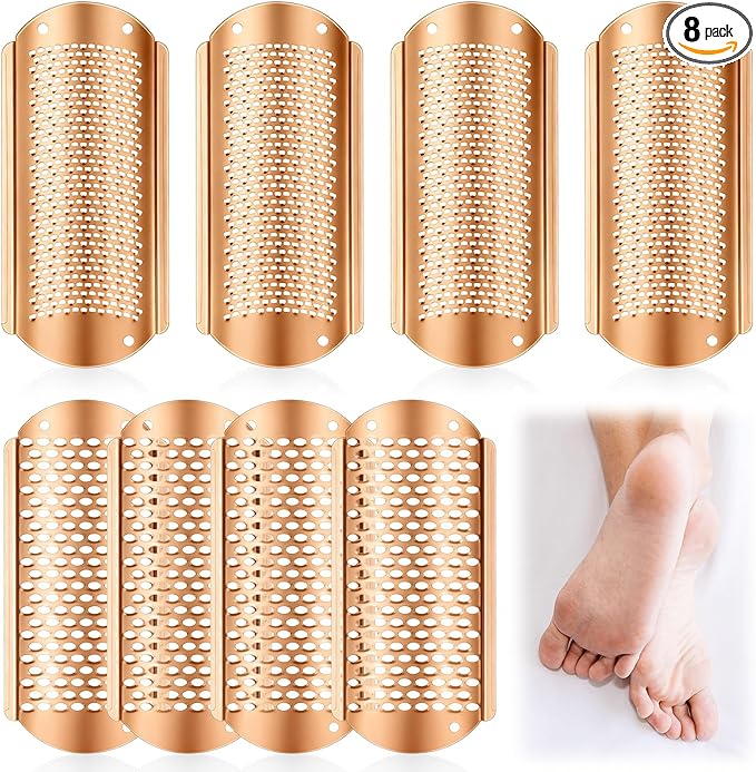 Moxweyeni 8 Pack Rose Gold Foot File Callus Remover Replacement Blades Metal File Callus Remover Hard Skin Remove Stainless Steel 2 Designs Big/fine Hole for Detachable Foot Scrubber