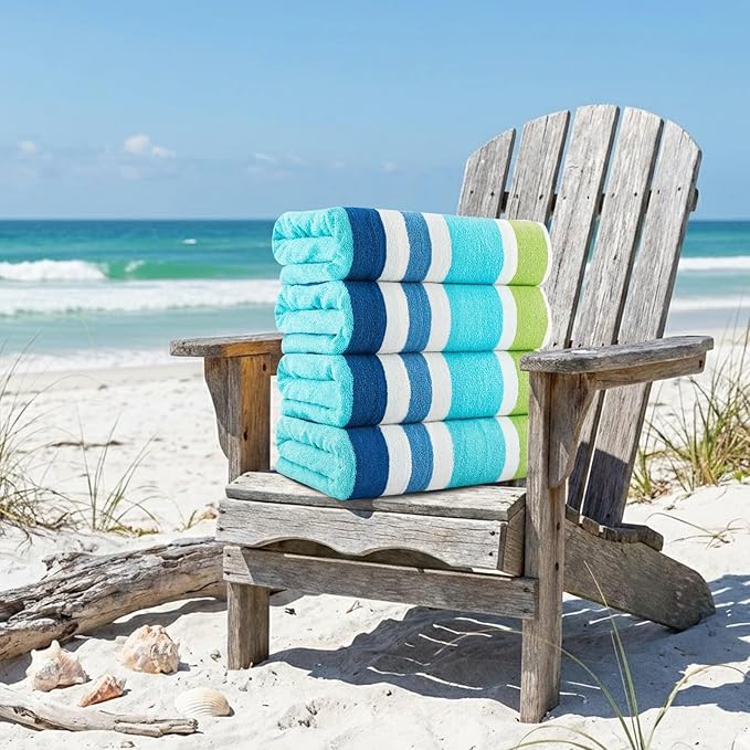 CASA COPENHAGEN Monaco Beach Towels Designed in Denmark Rough and Tough, Quick Dry, for Pool, Bath & Shower 30x60 inches 4 Pieces Cotton Beach Bath Towels Set - Rainbow Green