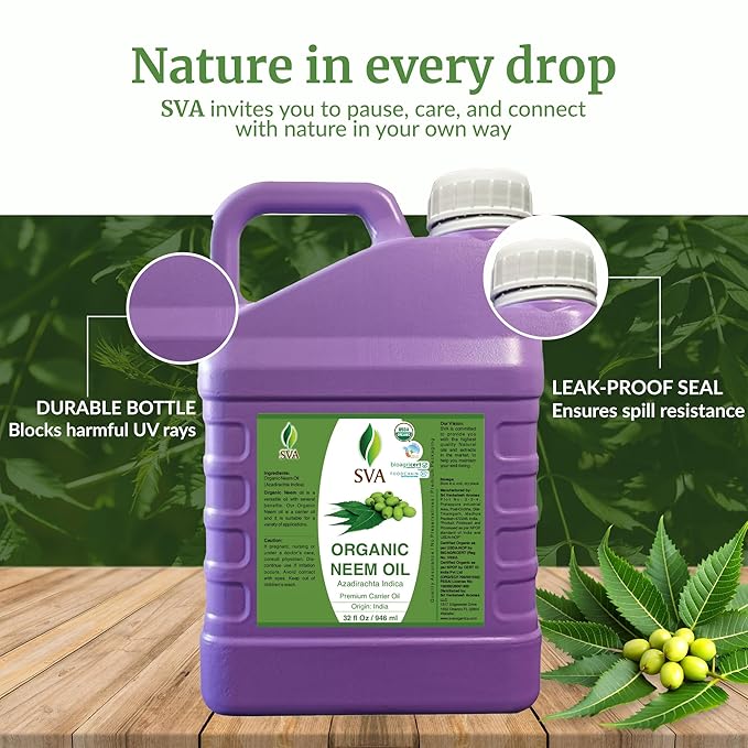 SVA Neem Seed Oil Organic - 32 Fl Oz – 100% Natural Cold Pressed Organic Neem Oil - for Face, Skin Care, Hair Care, Scalp Massage & Body Massage – Carrier Oil with Dropper