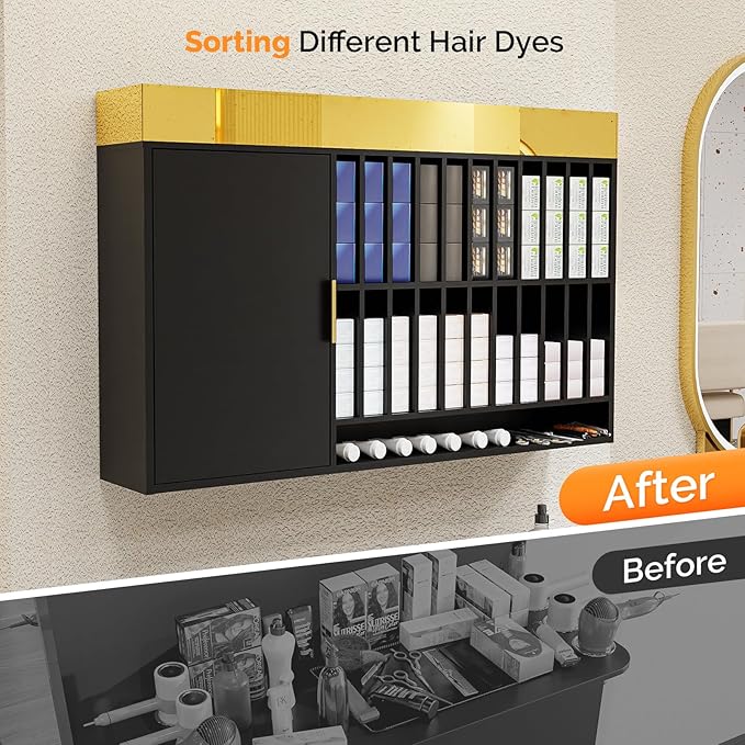OmySalon Hair Color Organizer Rack, Professional Wall Mounted Salon Station, Barber Storage Cabinet with Adjustable Shelves, Hair Dye Tubes Display for Beauty Spa, Barbershop, Black