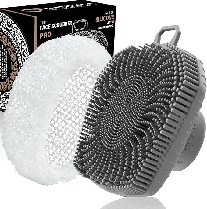 RamPula Face Scrubber & African Net, Silicone Exfoliating Brush for Men, Facial Cleansing Brush, Manual Waterproof Cleansing Skin Care, Blackhead Removing Pore Cleansing Massaging Face Brushes - Grey