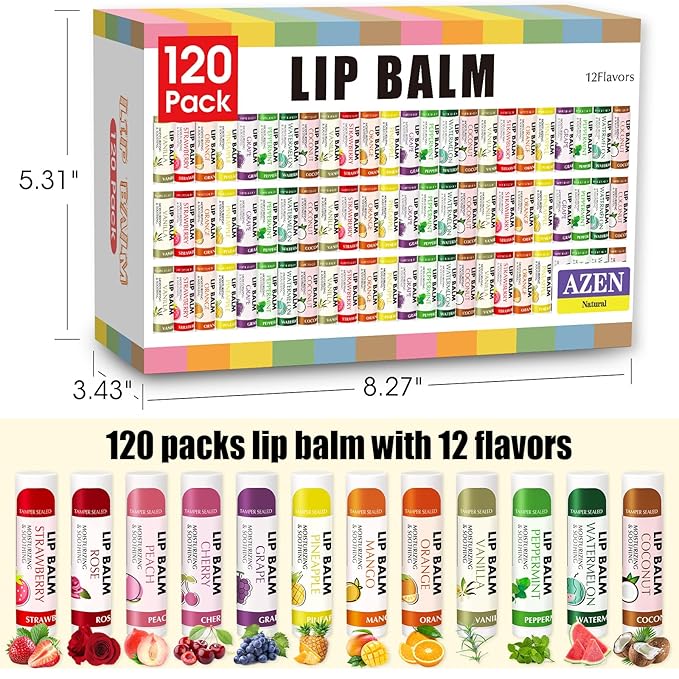 AZEN 120 Pack Lip Balm Bulk, Moisturizing Lip Balms for dry cracked lips, Mothers Day Gifts Easter Basket Stuffers - 12 Flavors