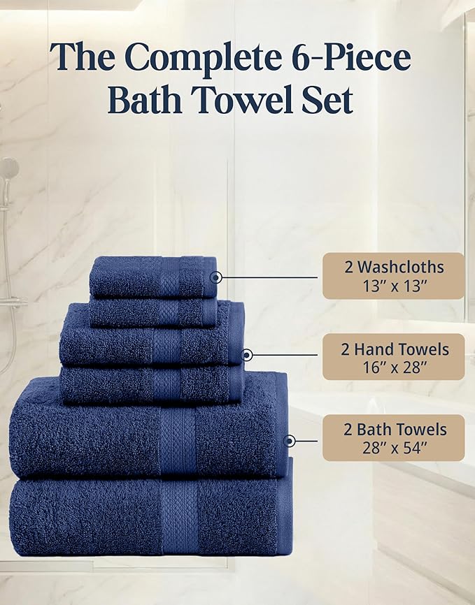 LANE LINEN Luxury Cotton Bath Towel Set - 6 Piece - Low Twist, Soft & High Absorbency - 2 Bath, 2 Wash cloths, 2 Hand Towels - Classic Hotel Quality, Durable & Ideal for Modern Bathrooms - Navy Blue